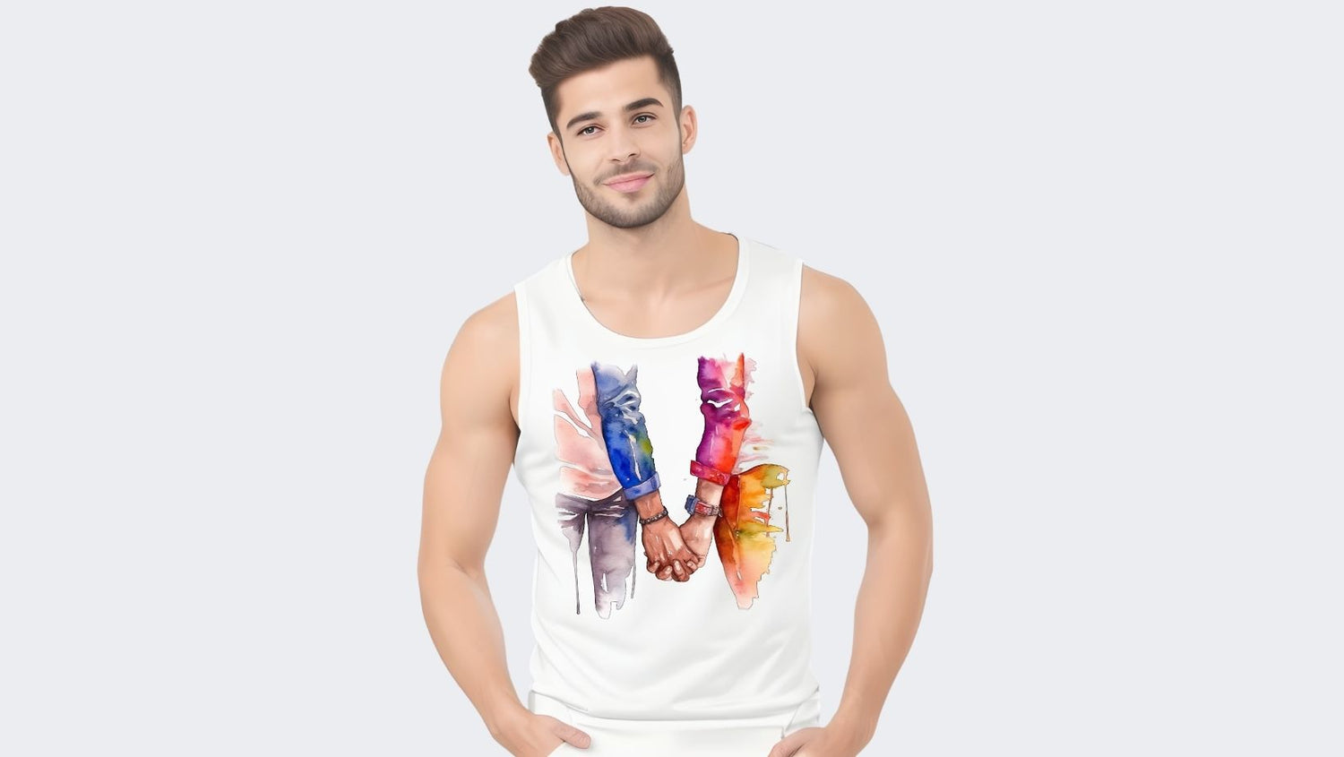 White Tank Top with Watercolor Print – A male model in a white tank top featuring a watercolor-style illustration of two people holding hands. The design includes vibrant splashes of color in rainbow hues.