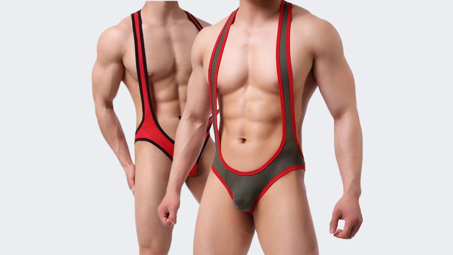 Two men wearing red and black mesh body suits, showcasing toned physiques