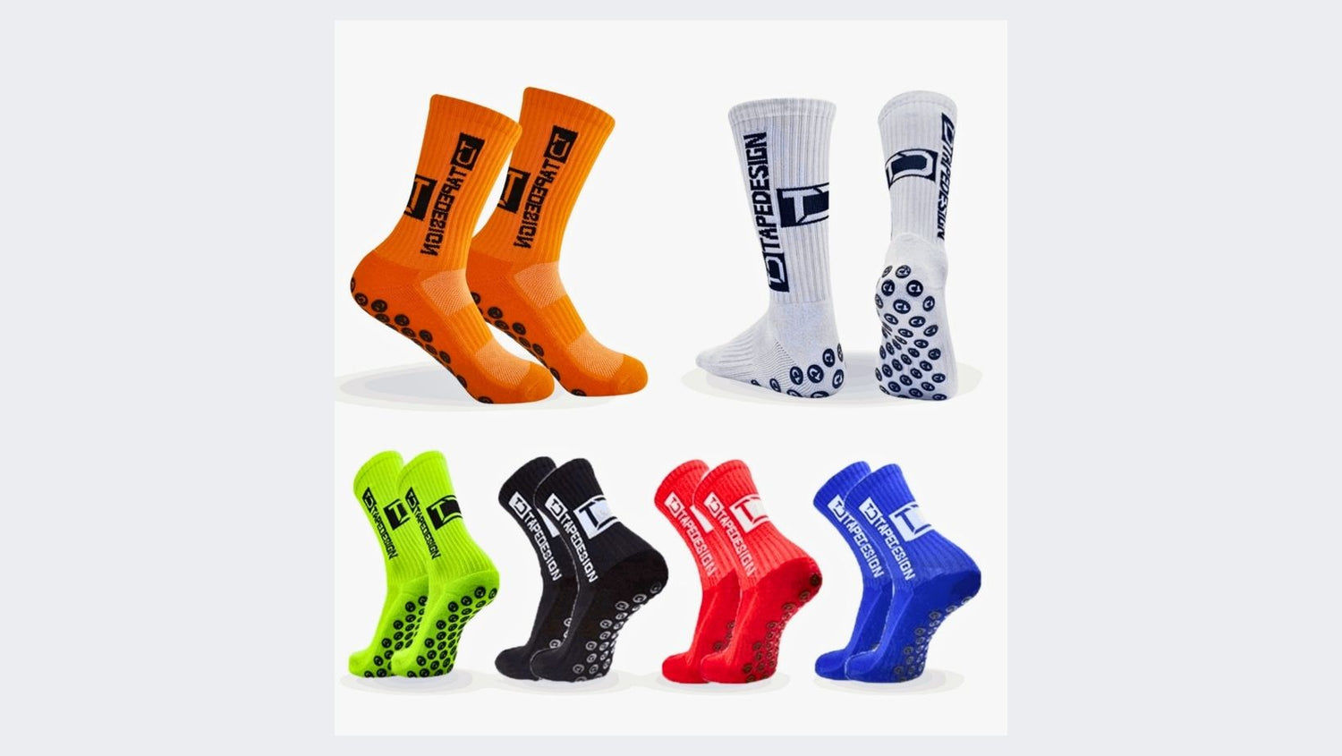 Brightly colored grip socks in orange, white, green, black, red, and blue - socks collection