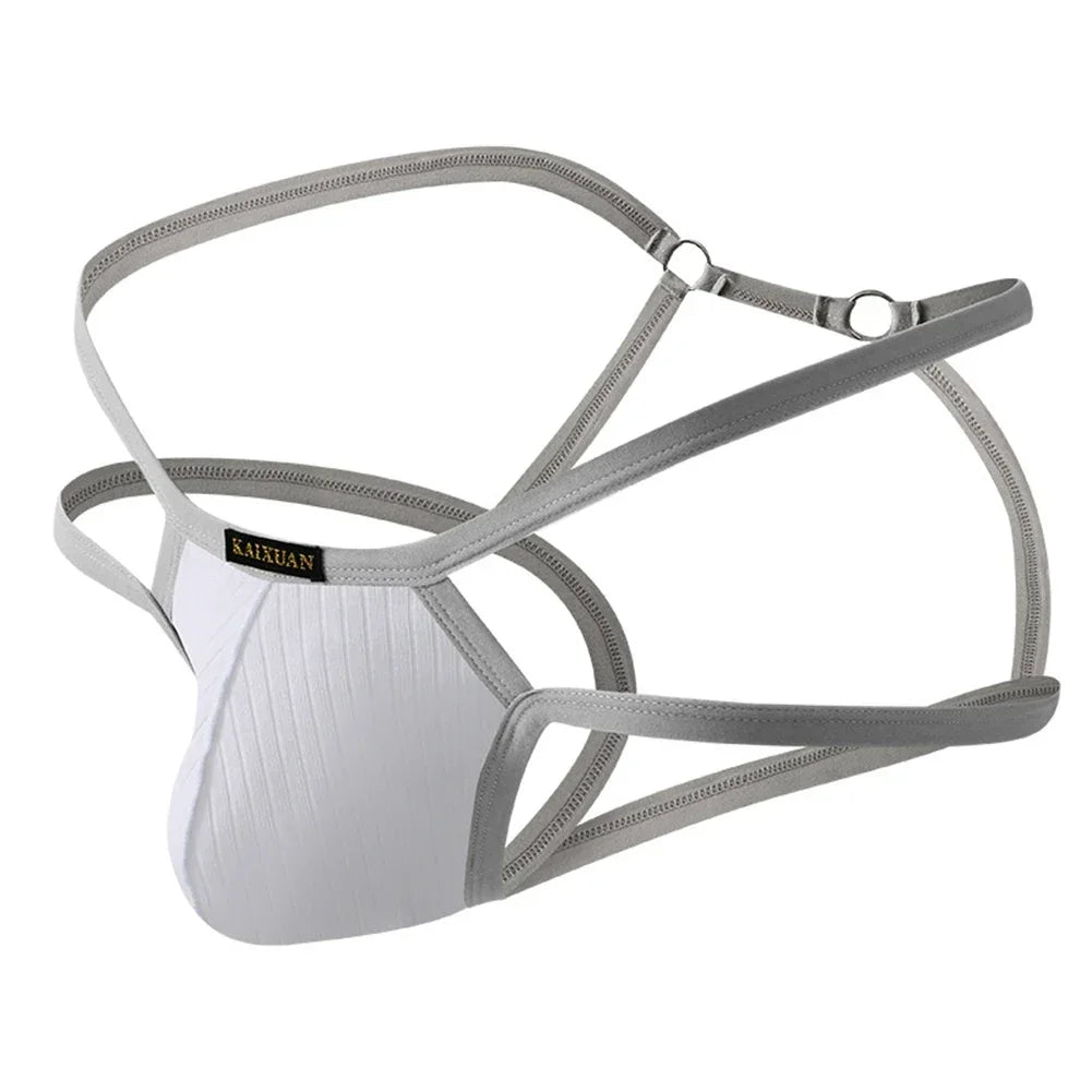 Double Thin Belt Men's Thongs T Back U Convex Pouch Jockstrap Underwear Pure Cotton Hollow Comfortable Panties