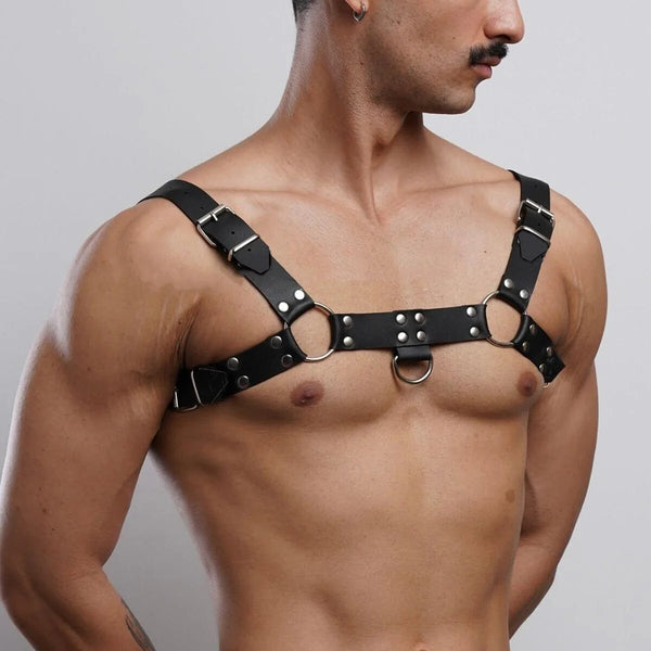 Punk Gothic Black PU Leather Shoulder Chest Harness For Men Adjustable Strap With Bowtie Decor For Club Rave Festival Stage Outf