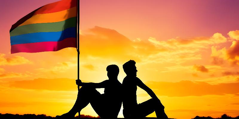 Silhouette of two people sitting side by side with a rainbow flag against a vibrant sunset background, symbolizing LGBTQ+ pride and unity