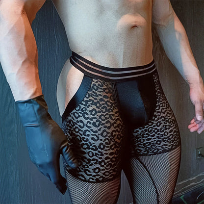 Men's Mesh Leopard Knee-Length Boxer Briefs