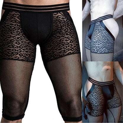 Men's Mesh Leopard Knee-Length Boxer Briefs