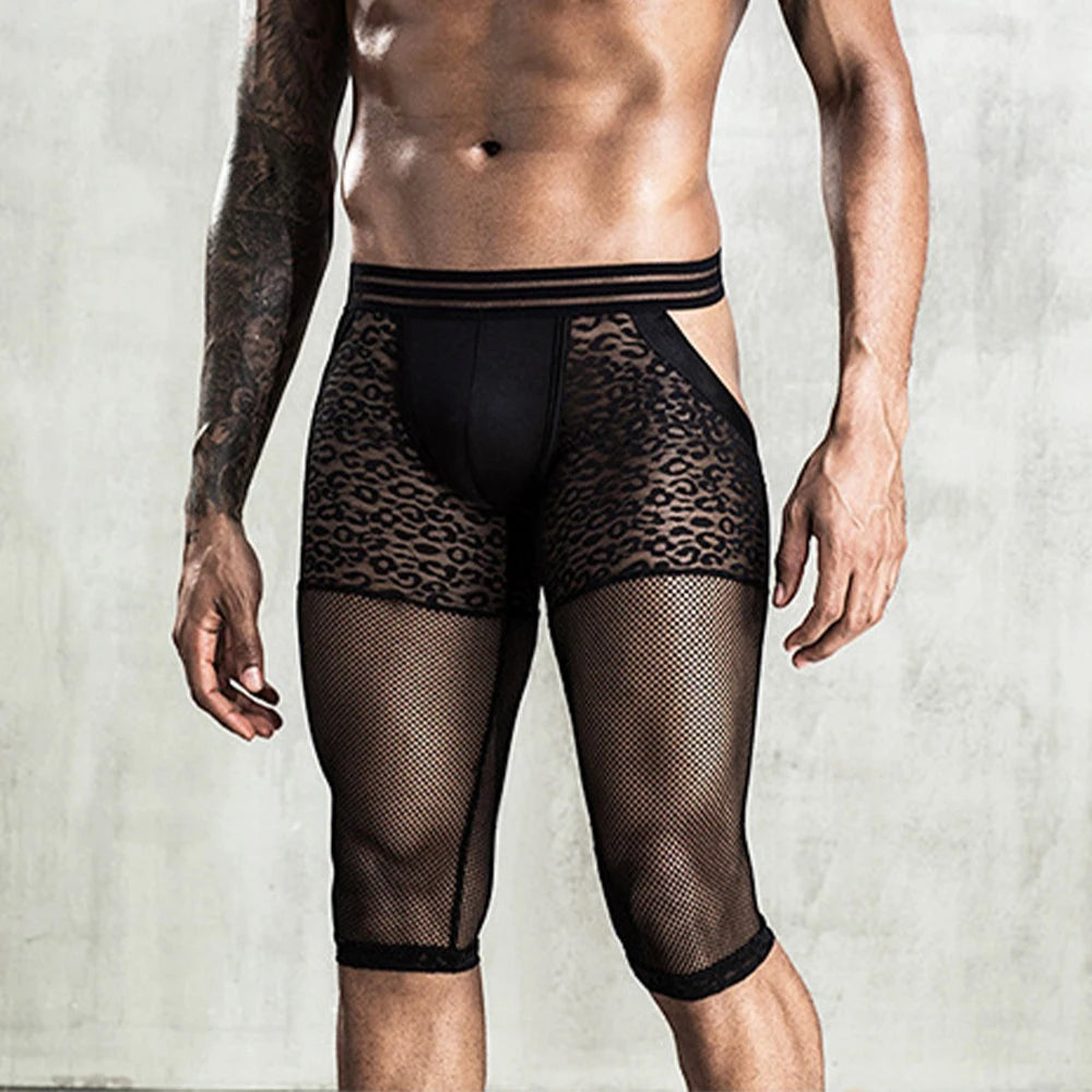 Men's Mesh Leopard Knee-Length Boxer Briefs