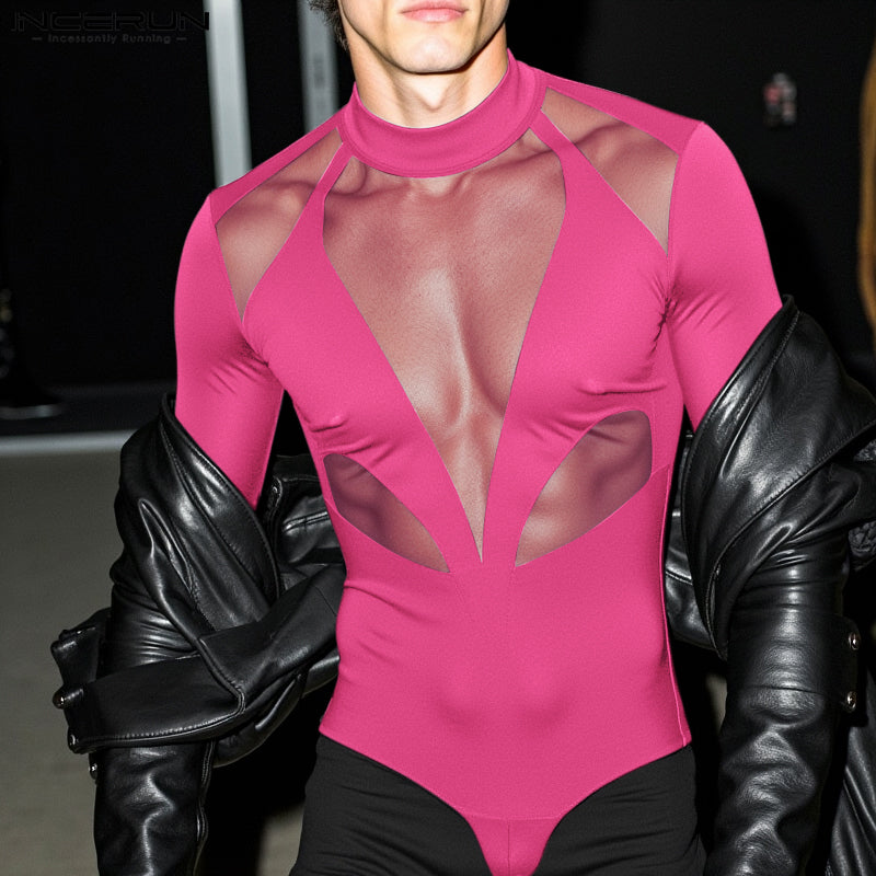 Men's Mesh Panel Long Sleeve Bodysuit