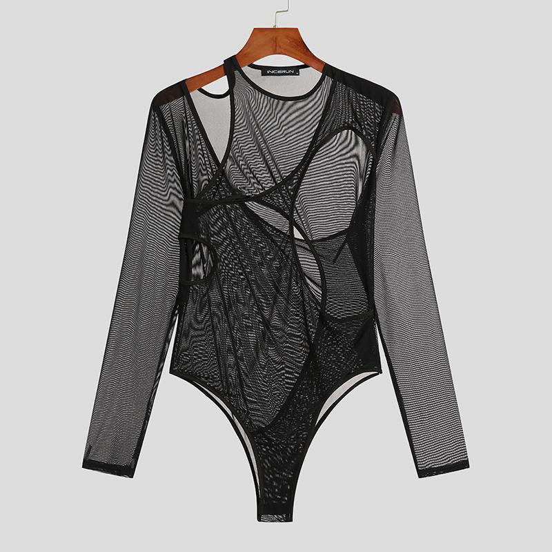 Men's Mesh Panel Long Sleeve Bodysuit