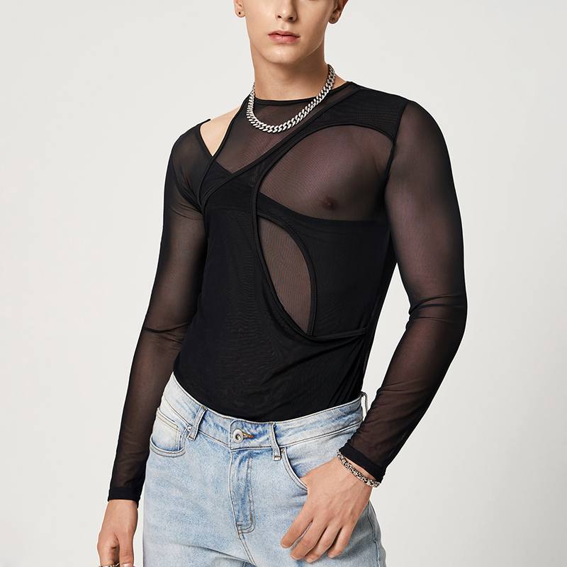 Men's Mesh Panel Long Sleeve Bodysuit