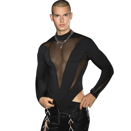 Men's Mesh Panel Long Sleeve Bodysuit