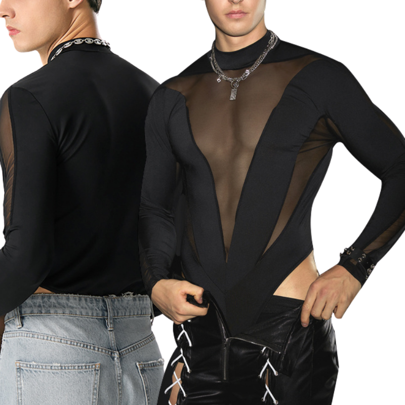 Men's Mesh Panel Long Sleeve Bodysuit