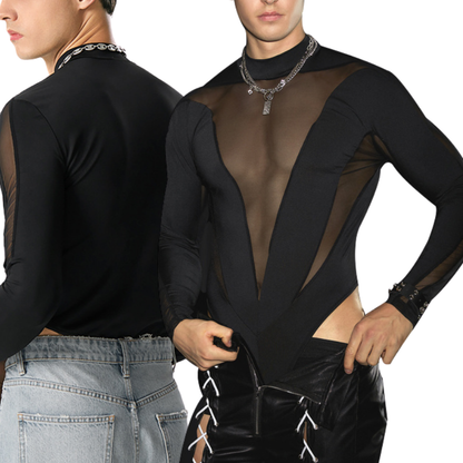 Men's Mesh Panel Long Sleeve Bodysuit