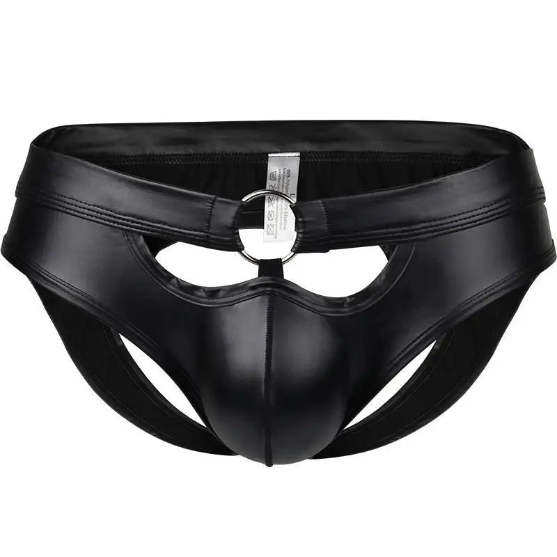 Men's Metal Ring Backless Faux Leather Briefs