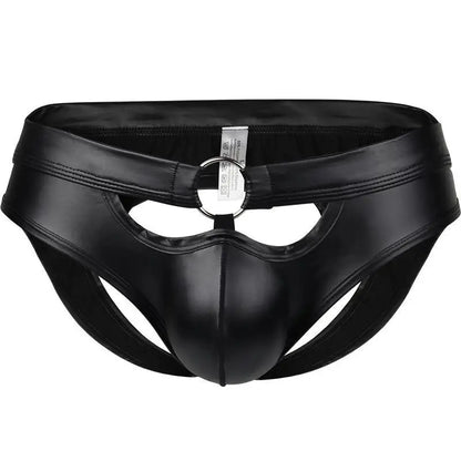 Men's Metal Ring Backless Faux Leather Briefs