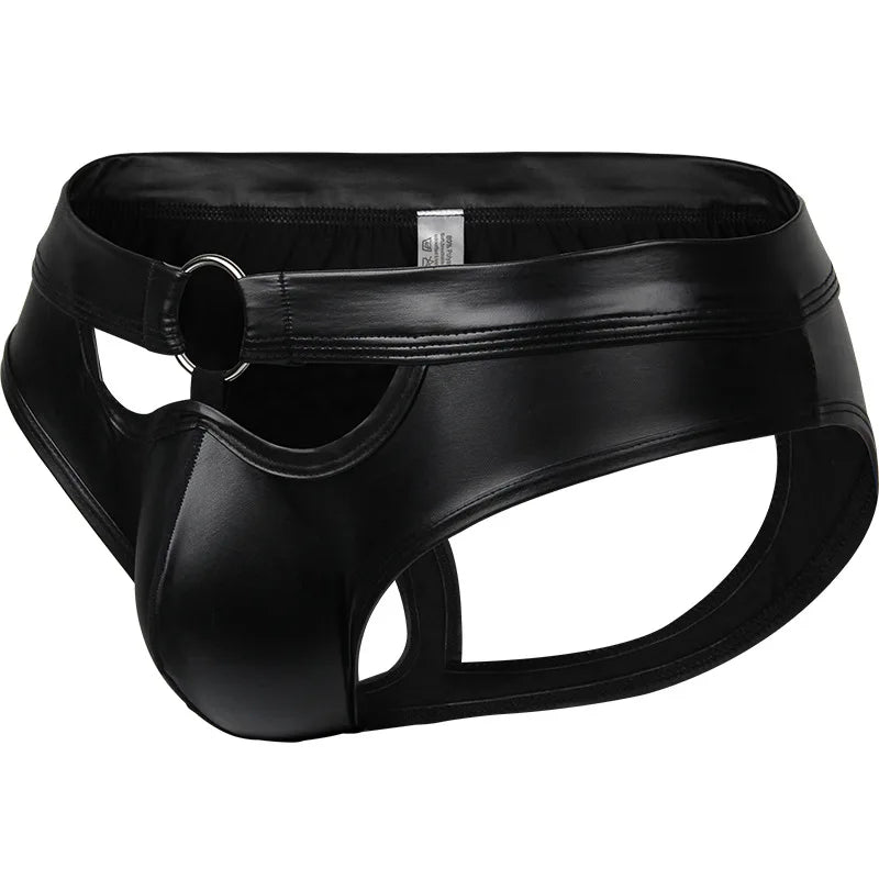 Men's Metal Ring Backless Faux Leather Briefs