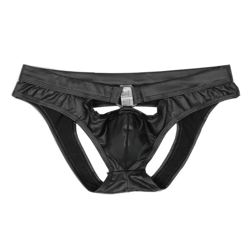 Men's Metal Ring Backless Faux Leather Briefs