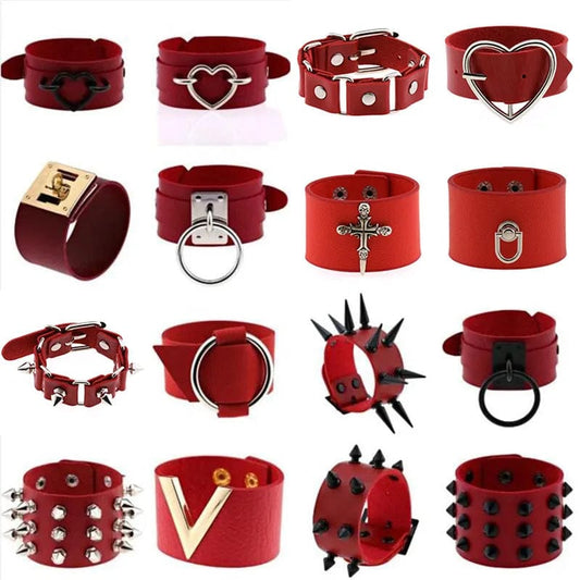 Red Spike Rivets Gothic PU Leather Bracelet