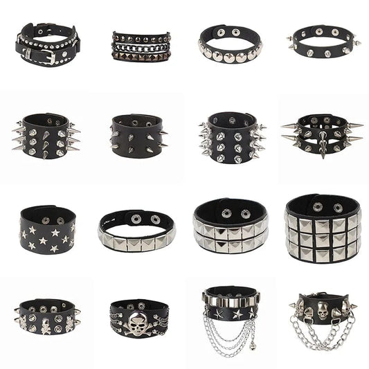Adjustable Punk Leather Bracelet: Gothic Rivet Wristband