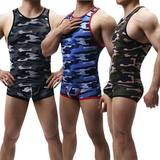 Elevate Your Style with Men's Camo Bodysuit Singlet Boxer Shorts Set