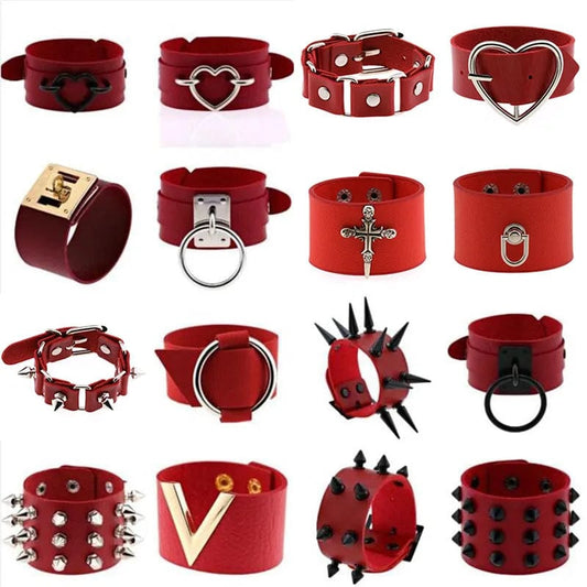 Red Spike Rivets Bracelets For Women Punk Goth PU Leather Bracelet Cuff Bangles Studded Halloween Festival Jewelry Harajuku
