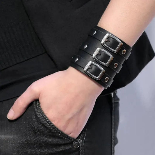 Vintage Leather Wristband Bracelet Cuff Goth Metal Armbands Concealed Buckle Adjustable Gothic Punk Bracelets Men Jewelry